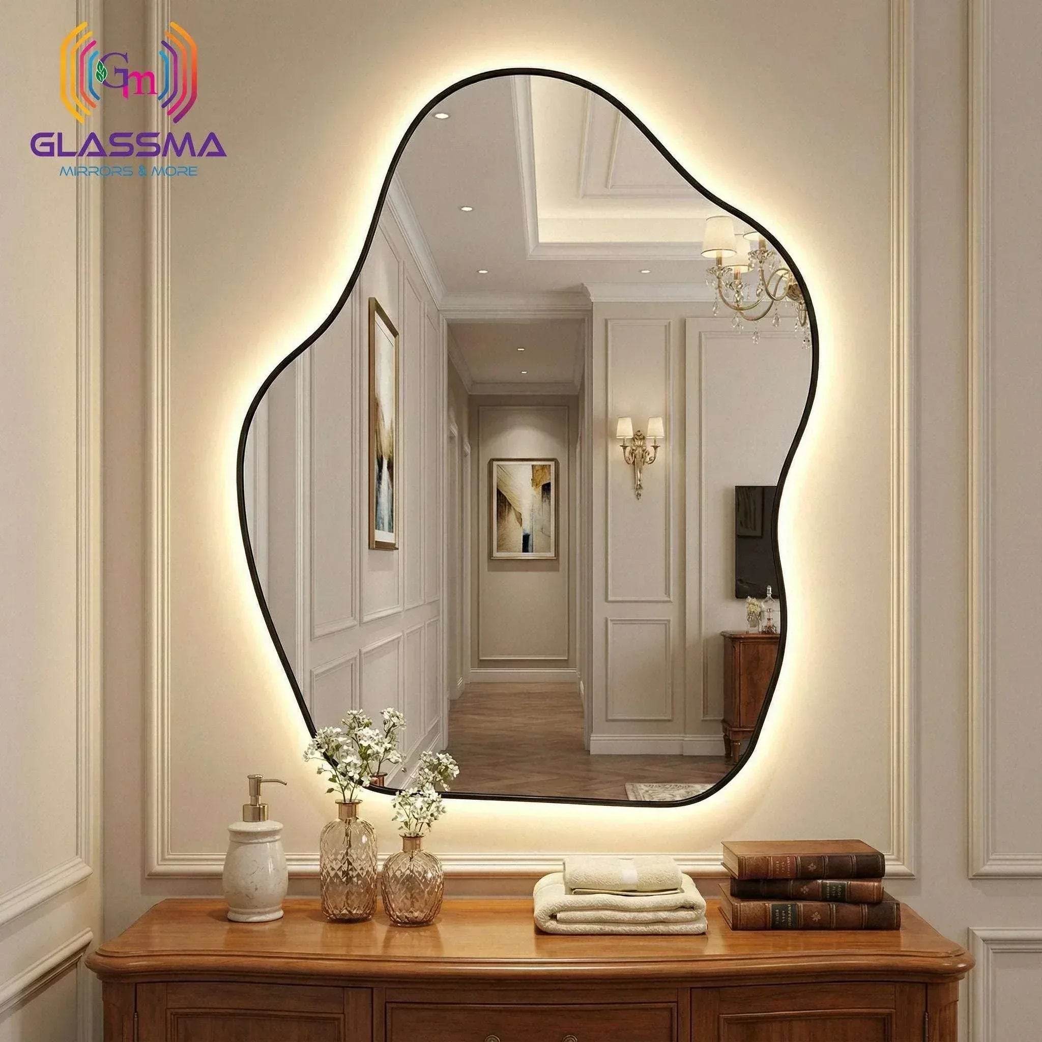 Modern Irregular LED Mirror | Backlit Black Aluminum Frame Bathroom Wall Mirror - Glassma